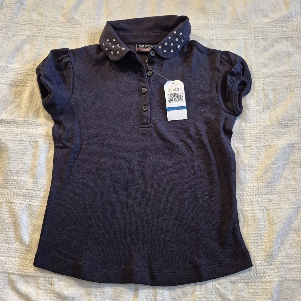 Nautica girls size 6X navy blue polo shirt gems on the Peter Pan collar NWT